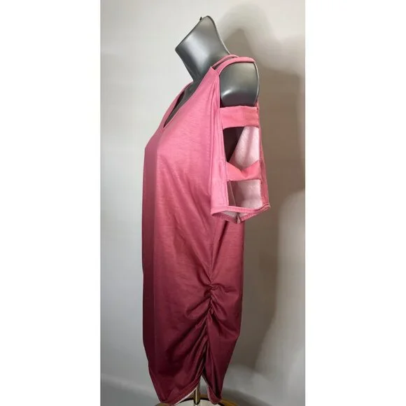 Womens V Neck Short Sleeve Cold Shoulder Cutouts Shirt Light Rose Burgundy, Wine - Picture 3 of 16